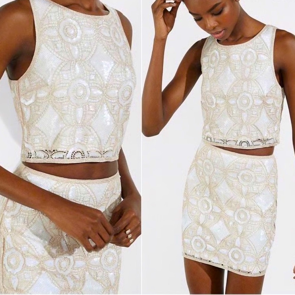 Express Crochet Sequin Cropped Sleeveless Top and Skirt set Side Zip White Cream
